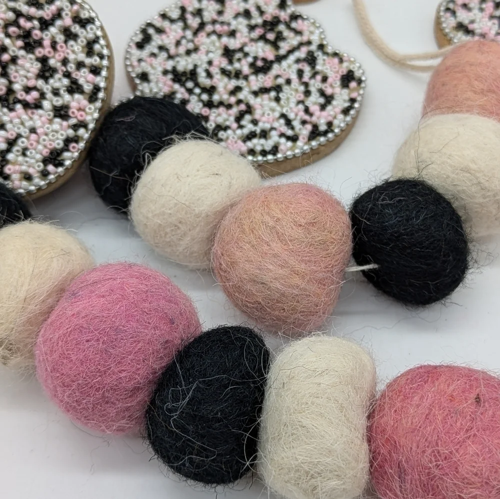 Pink Cream Black Wool Pom Pom & Beaded Wood Pumpkin Fall Garland